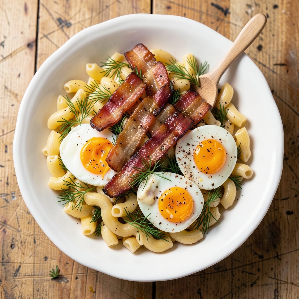 Bacon, Egg, and Macaroni Salad Recipe: Crispy Bacon Bites and Creamy Yolk Ribbons