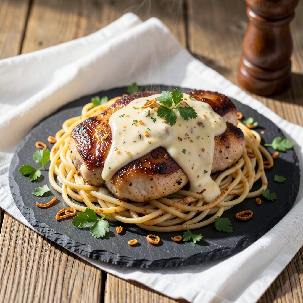 Creamy Garlic Chicken Thighs Over Egg Noodles Recipe: Savory Pan Sauce Magic in One Skillet