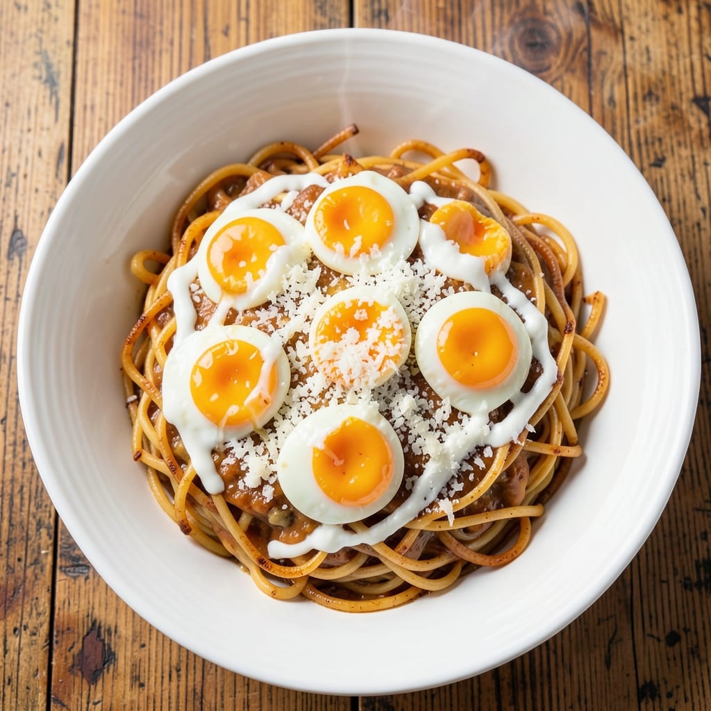 Baked Spaghetti Recipe with Egg and Parmesan Cheese: Crispy Noodle Bites With Cheesy Yolk Magic