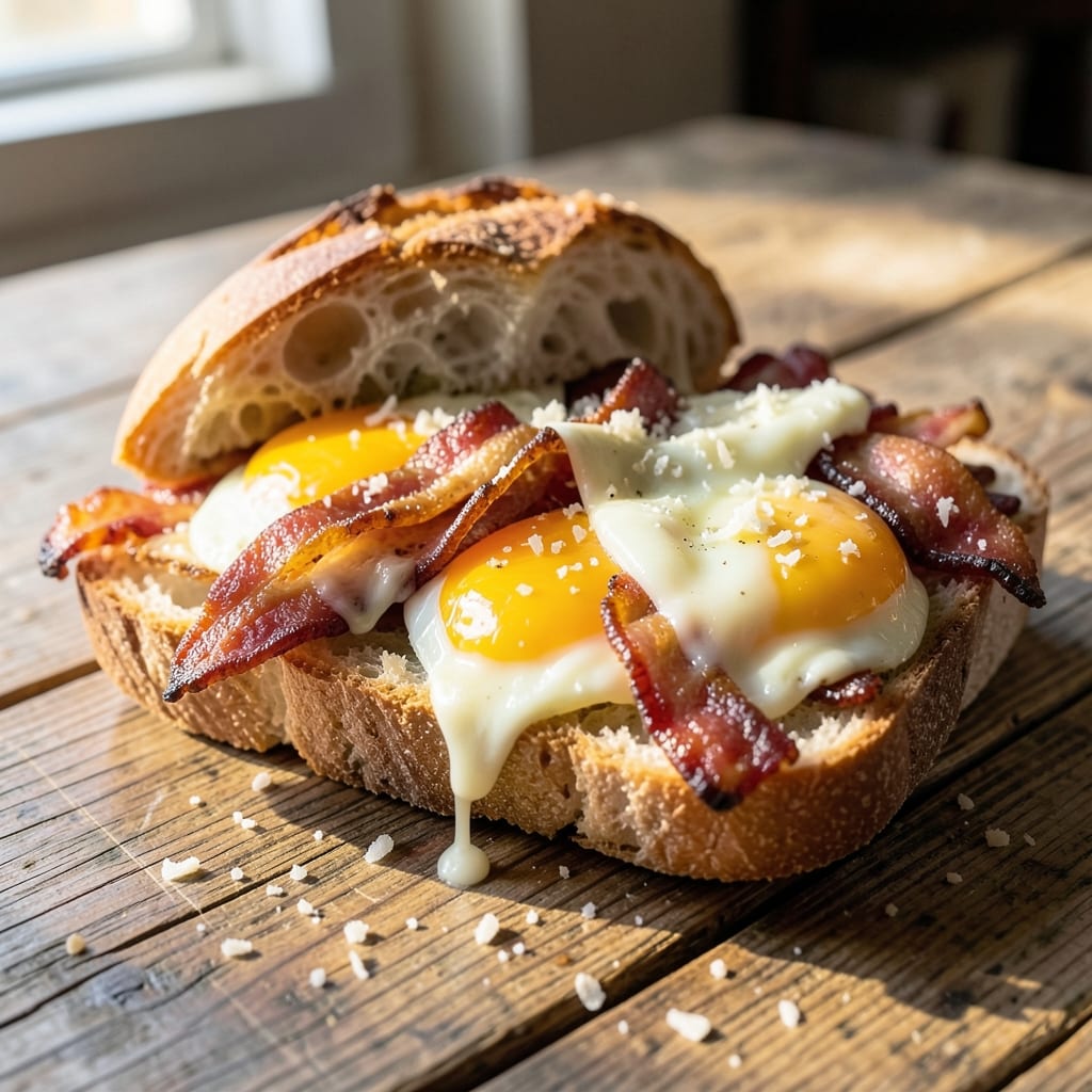 Bacon Egg Cheese Ciabatta Recipe: Crispy Bread Basket With Gooey Yolk Rivers