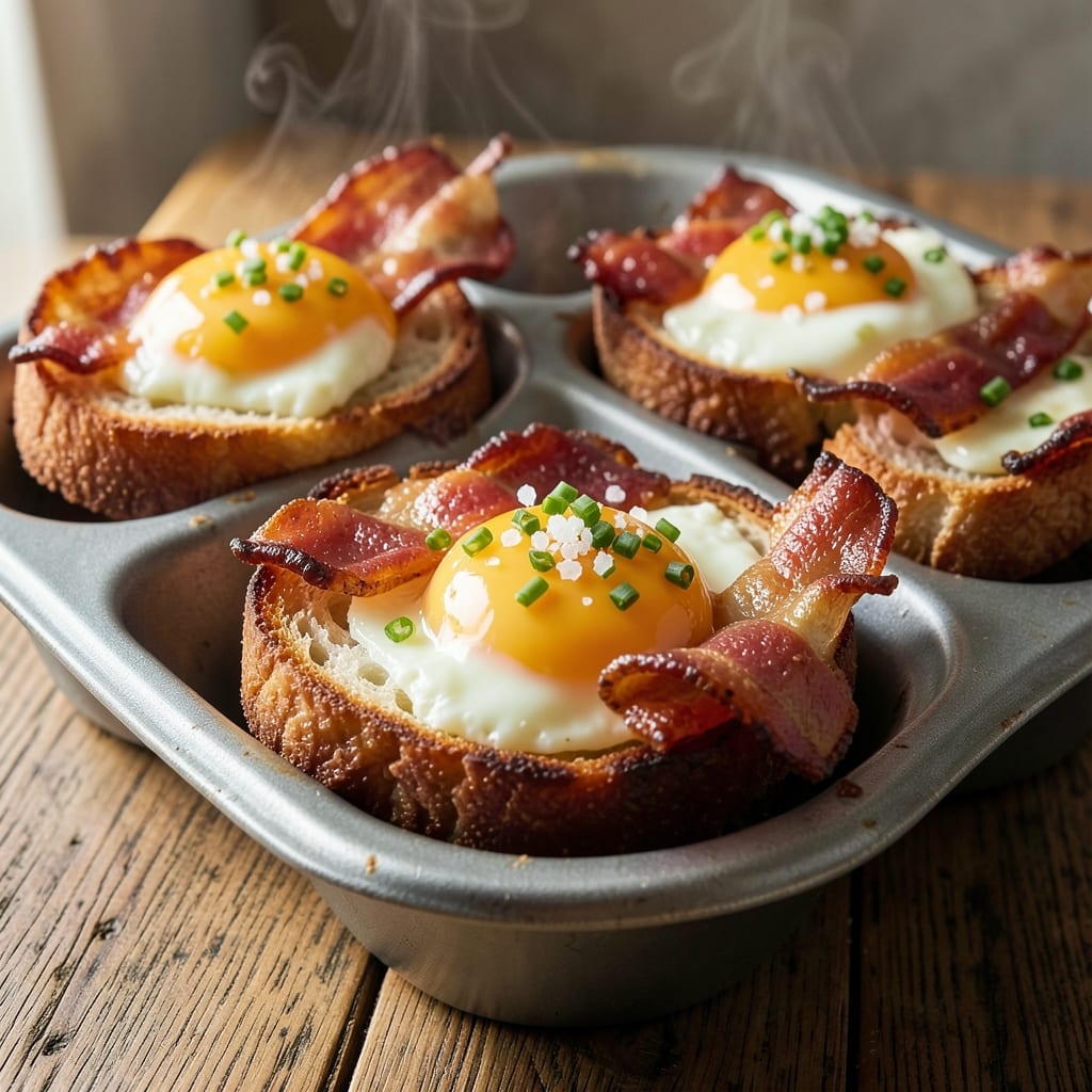 Bacon, Egg, and Toast Cups Recipe: Crispy Crusts With Runny Yolk Rivers
